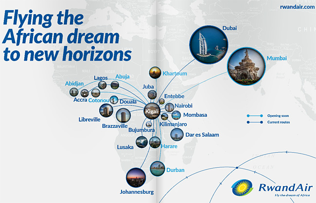 Rwandair - mapa linek 2016